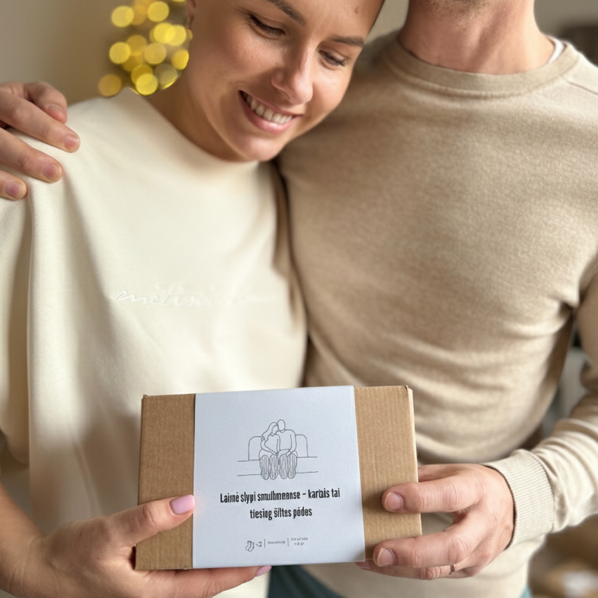 vyras moteris laiko rankose kojines supkuotas i dovanu dezute