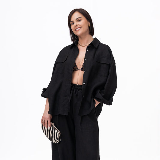 lininiai marškiniai moterims , ilgomi srankovėmis, su kišenėmis priekyje