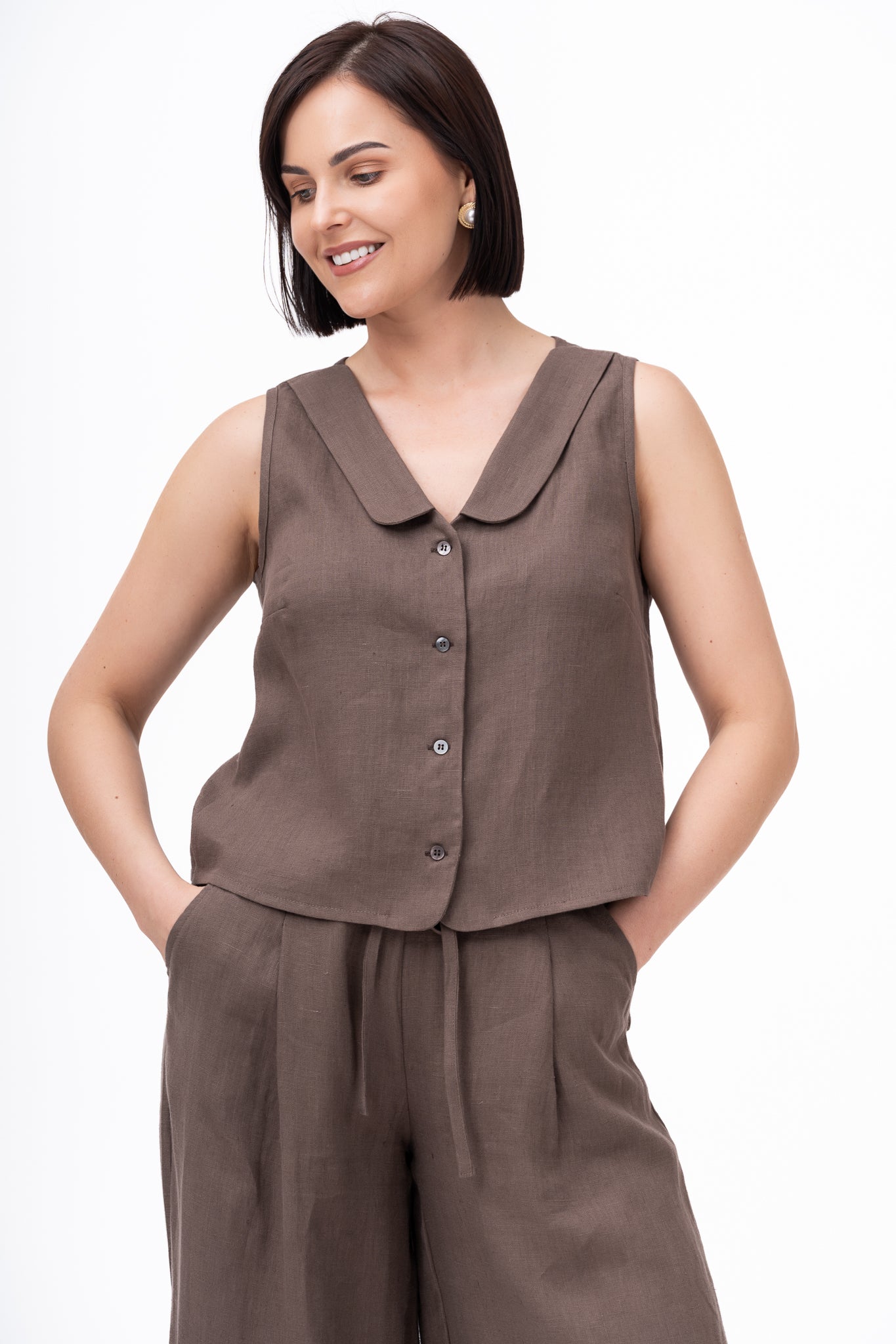 Linen Vest For Women IVY - dark brown