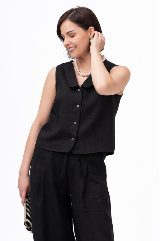 lininė liemenė moterims, juoda su sagom ir apykakle, V formos iškirptė