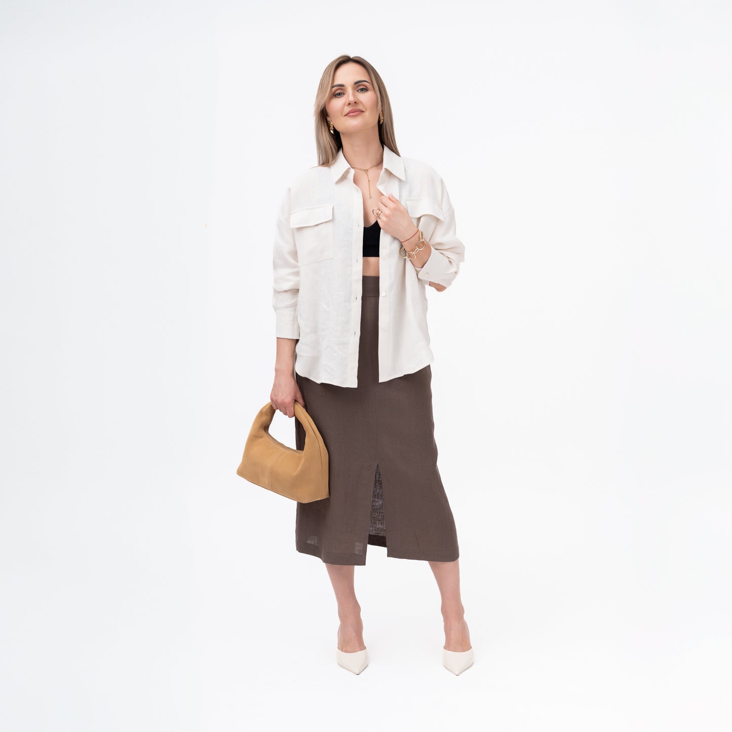 Midi sijonas TERRA - 100% linas - tamsiai rudas