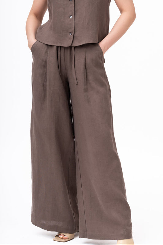 moteriškos lininės kelnės, laisvo kirpimo su kišenėmis, tamsiai rudos