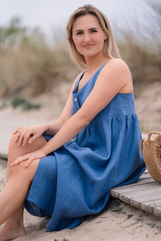 Lininė suknelė su petnešėlėmis - Pagaminta iš 100% lininio audinio!