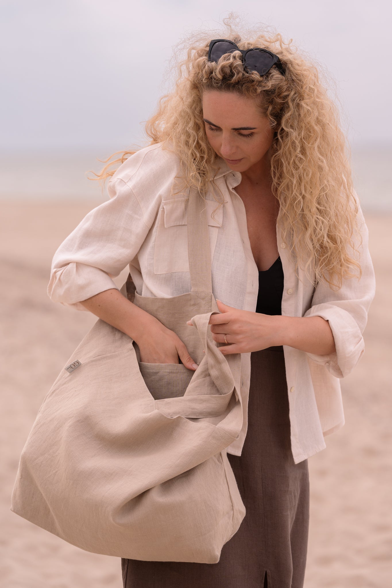 Large Beach Tote Bag - 100 % linen - Handmade