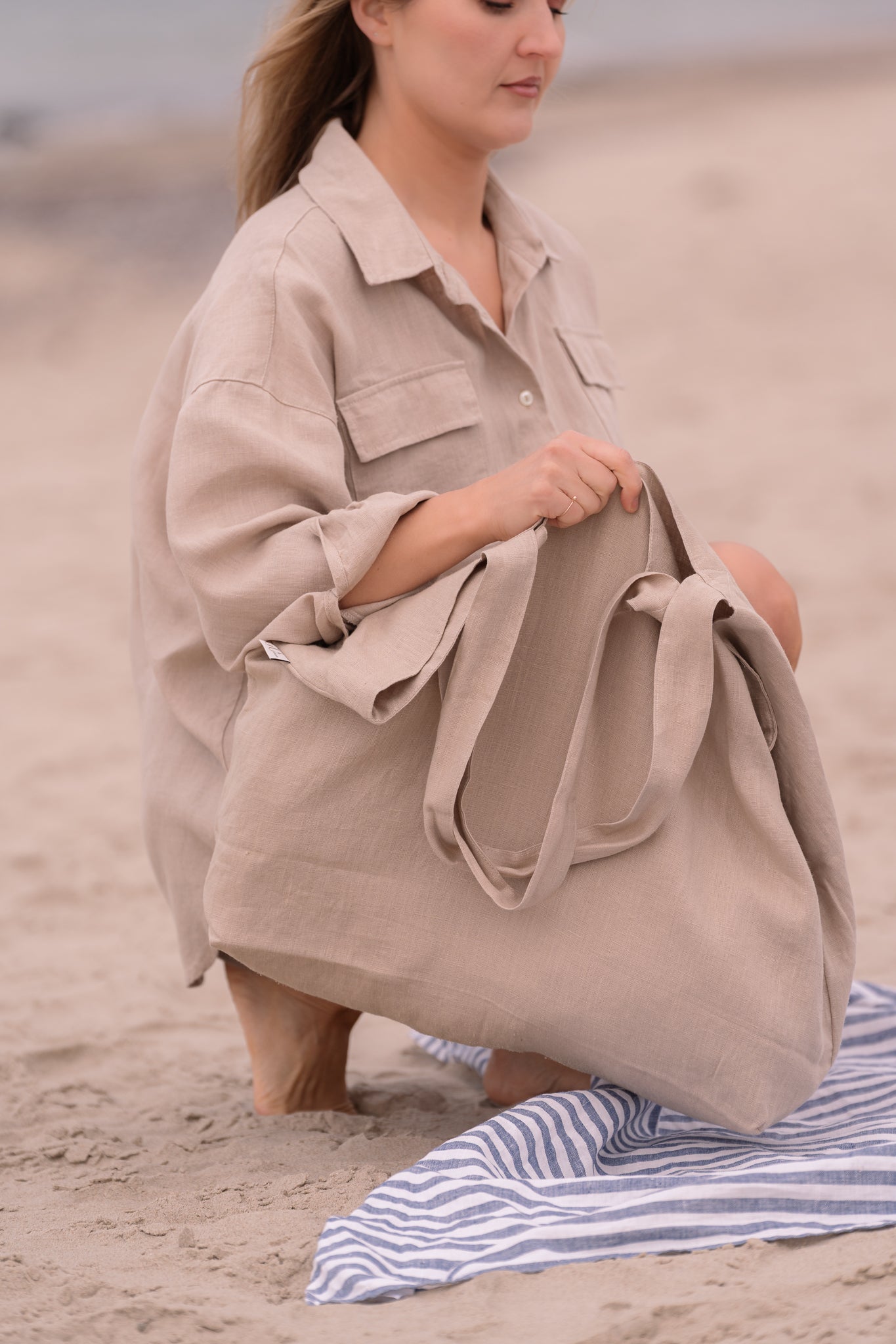 Large Beach Tote Bag - 100 % linen - Handmade