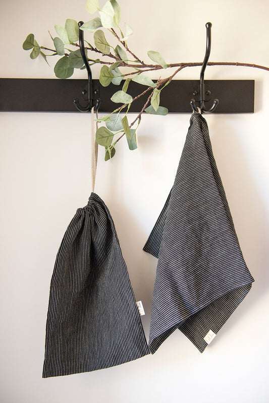 black striped linen bread bag to keep bread fresh and hanging tea towel