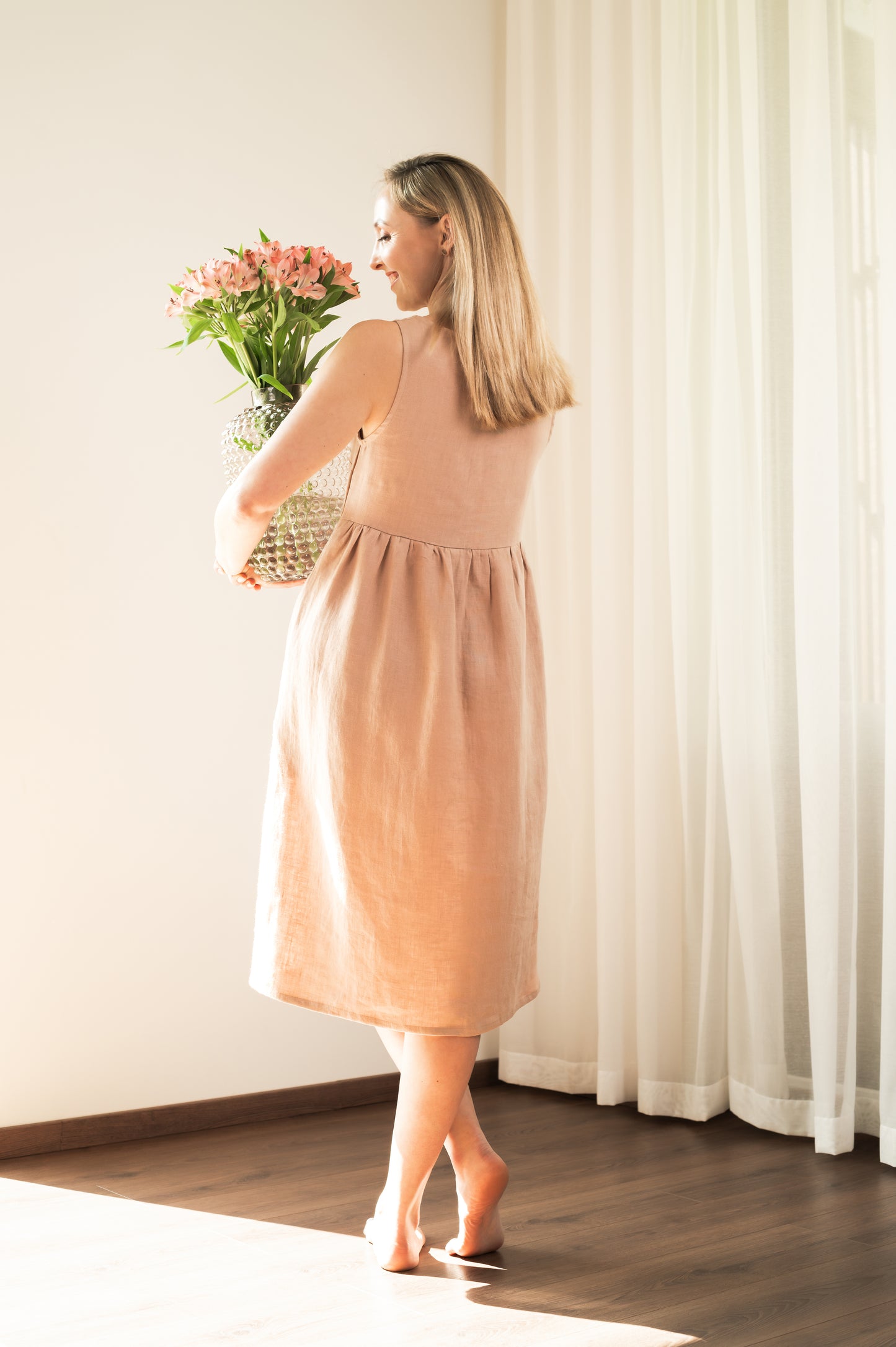 Linen Dress With Front Buttons - Beige - Made from 100% linen fabric!