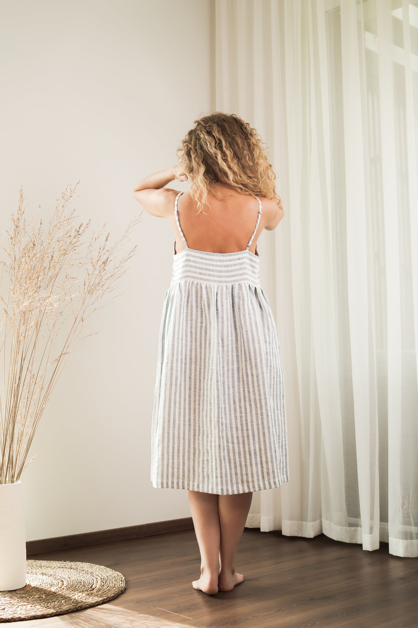 Linen Dress With Straps - Blue Stripes - Made from 100% linen fabric!