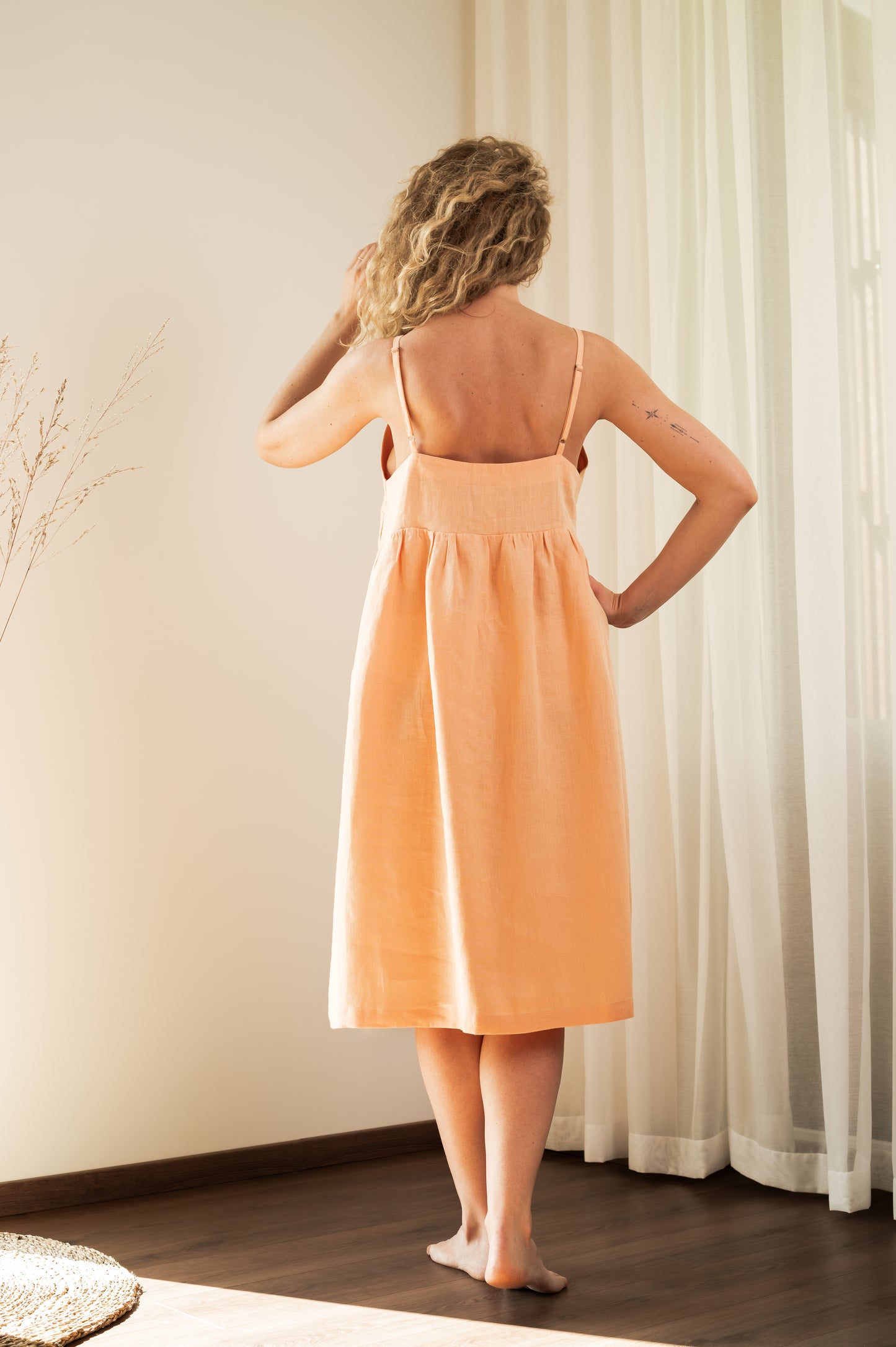 Linen Dress With Straps - Peach - Made from 100% linen fabric!