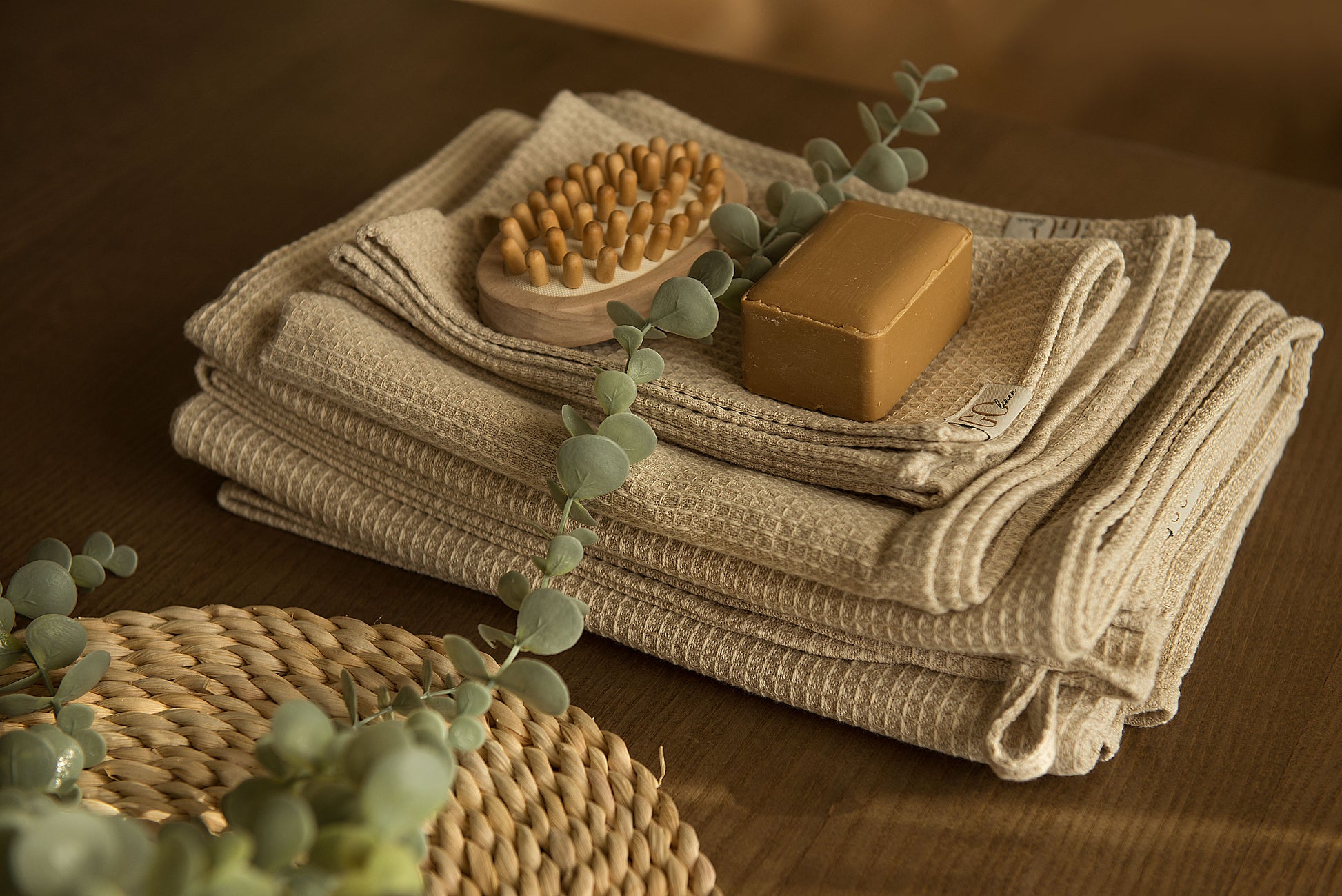 waffle linen towel set folded on the table