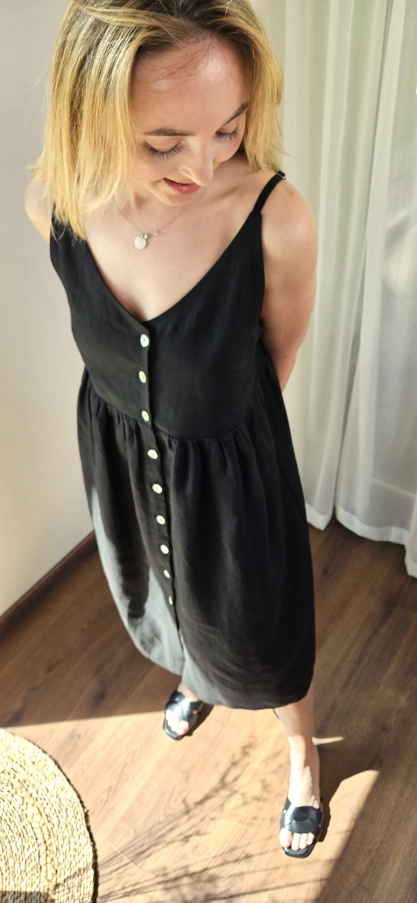 Linen Dress With Straps - Black - Made from 100% linen fabric!