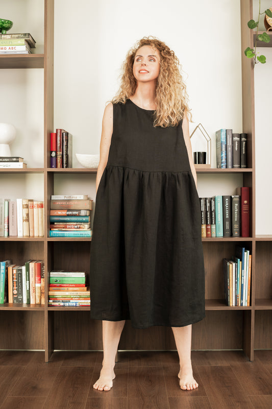 Oversized Linen Dress - Black - Made from 100% linen fabric!