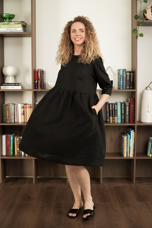 Loose Fit Linen Dress - Black - Made from 100% linen fabric!