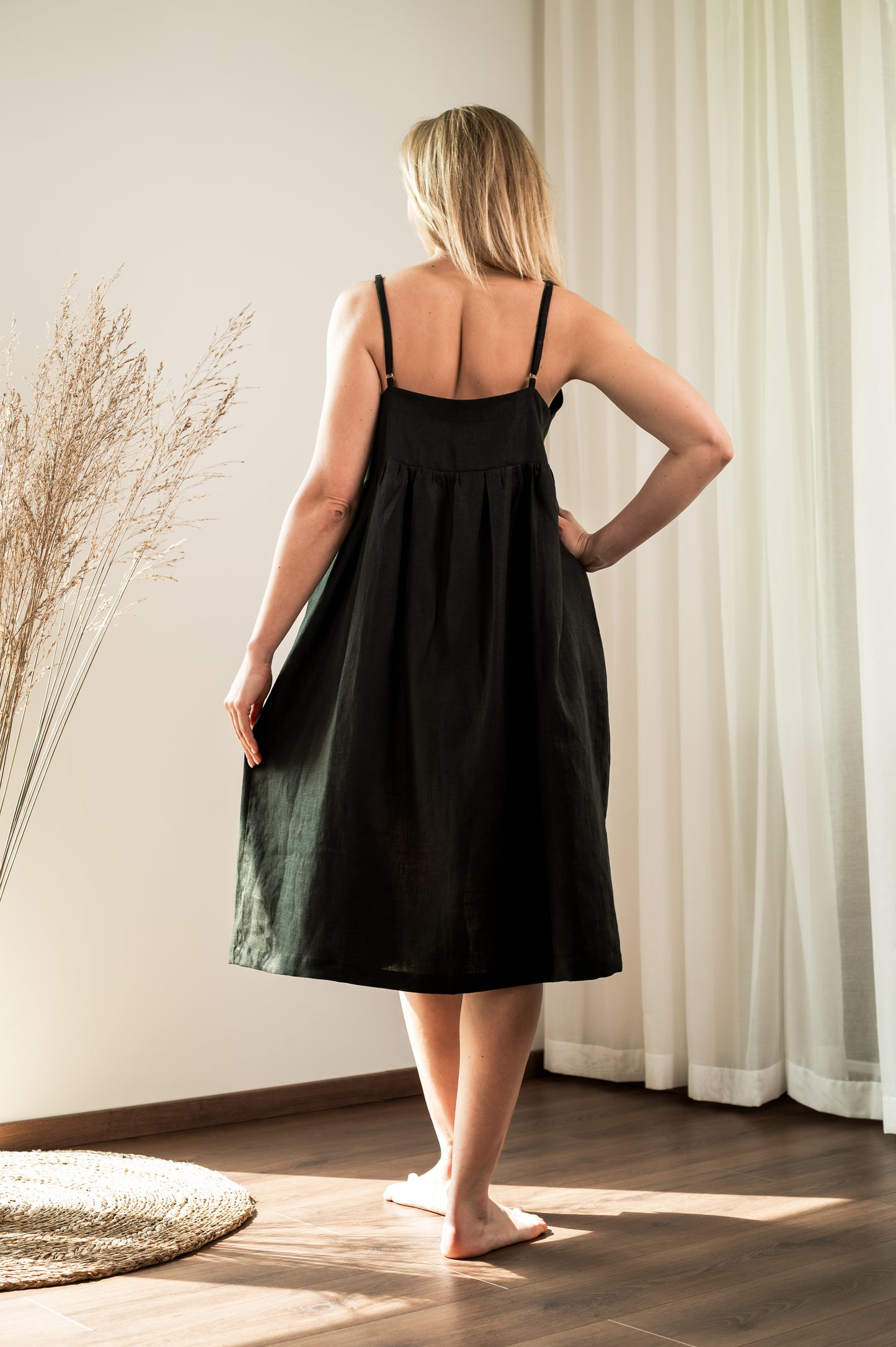 Linen Dress With Straps - Black - Made from 100% linen fabric!