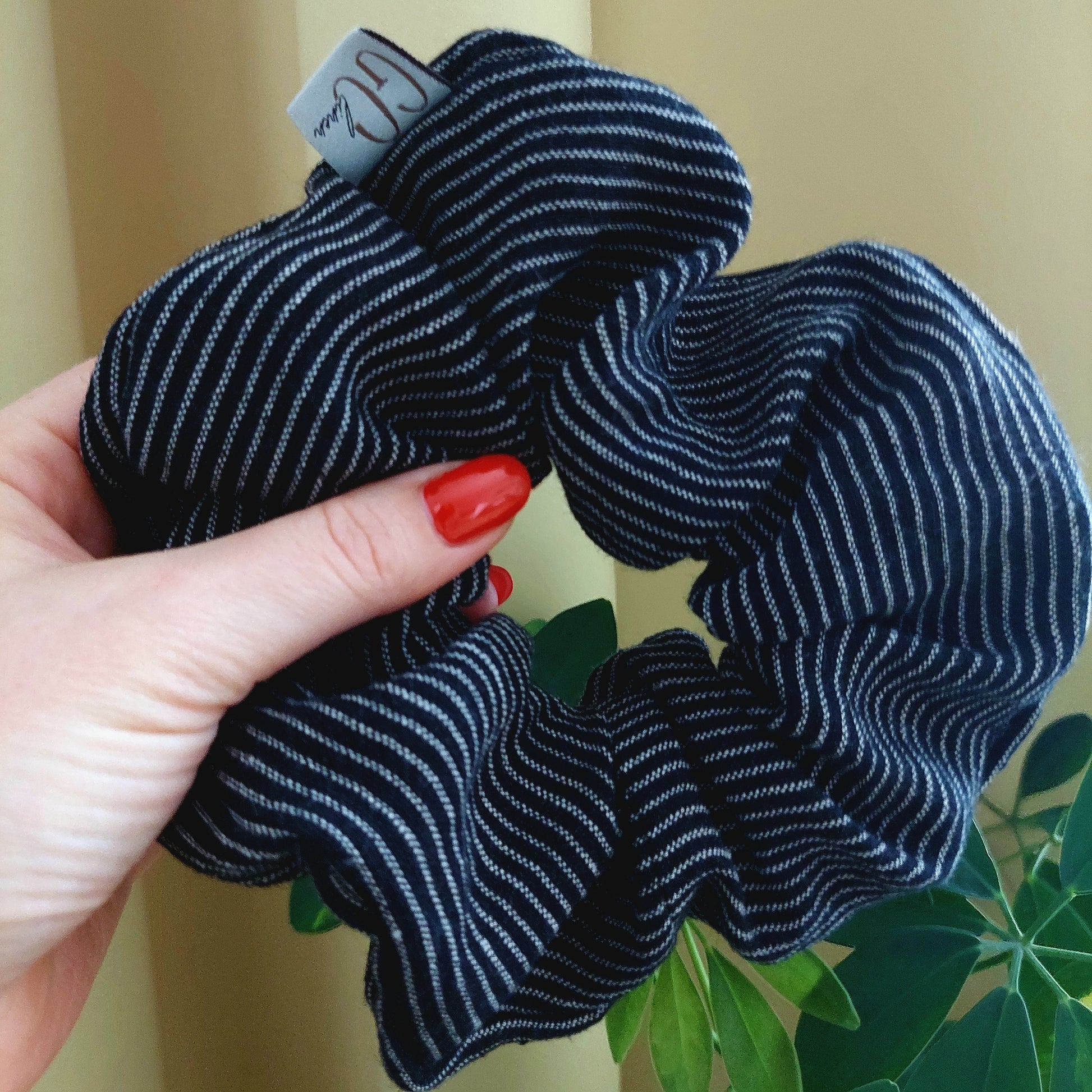 Black striped linen scrunchie