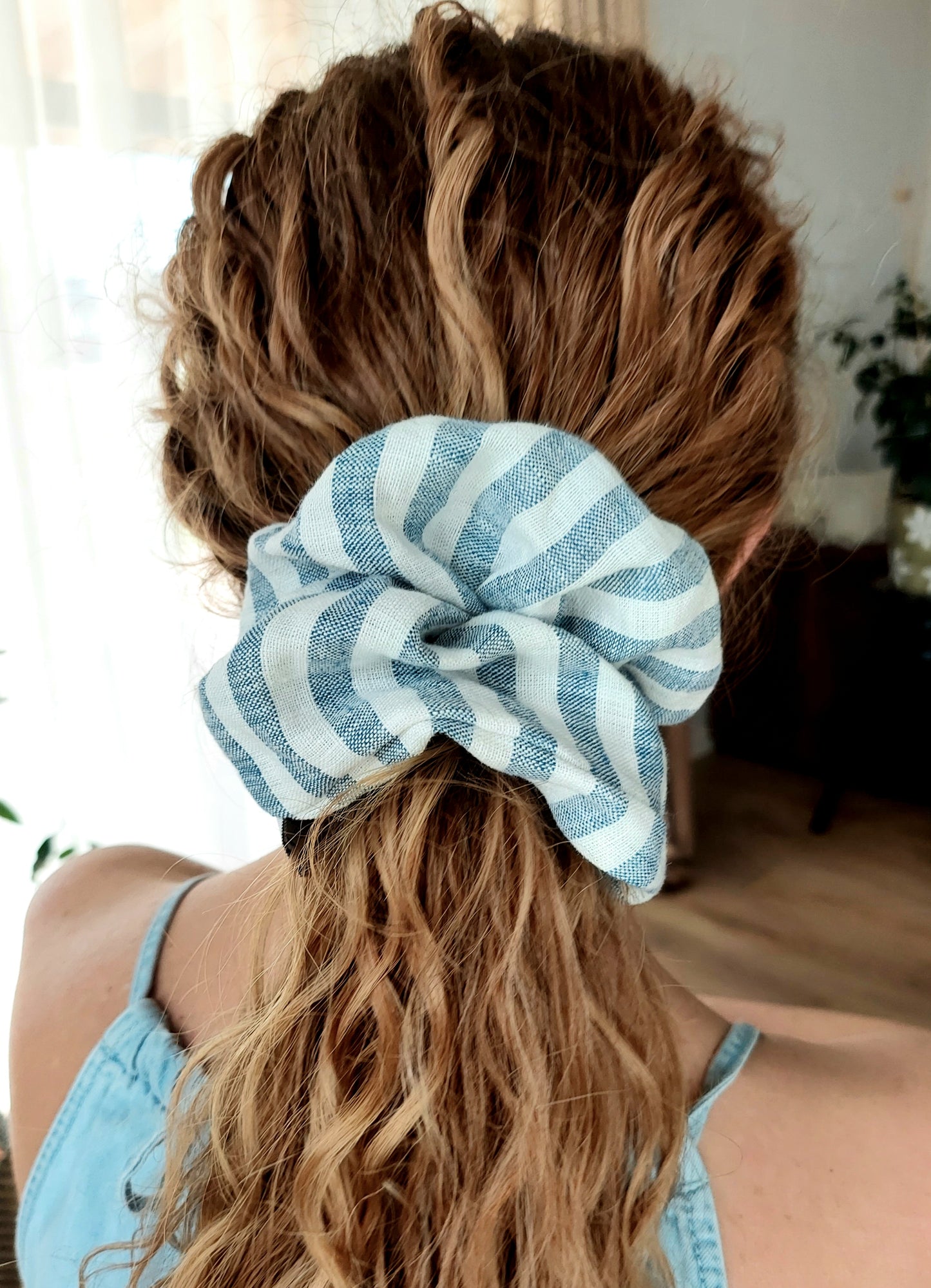 large blue striped linen scrunchie