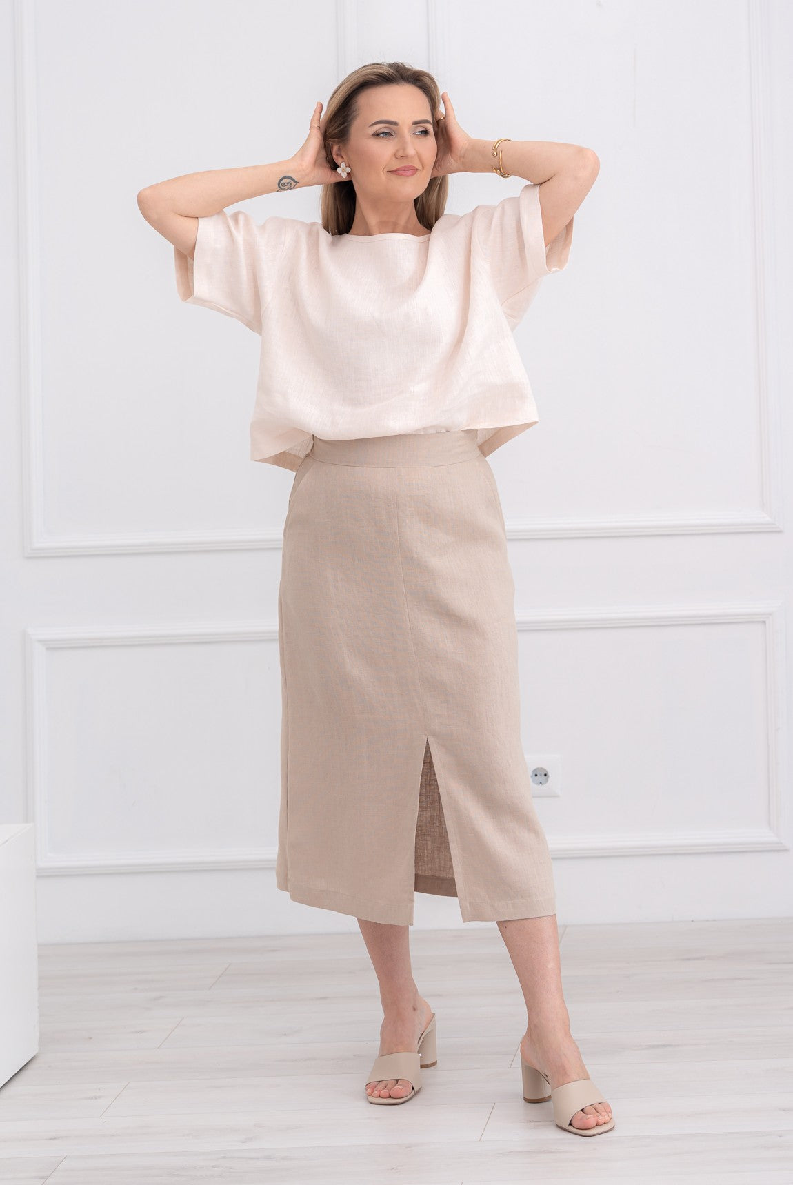 Linen skirt Terra - A-line midi skirt, Beige