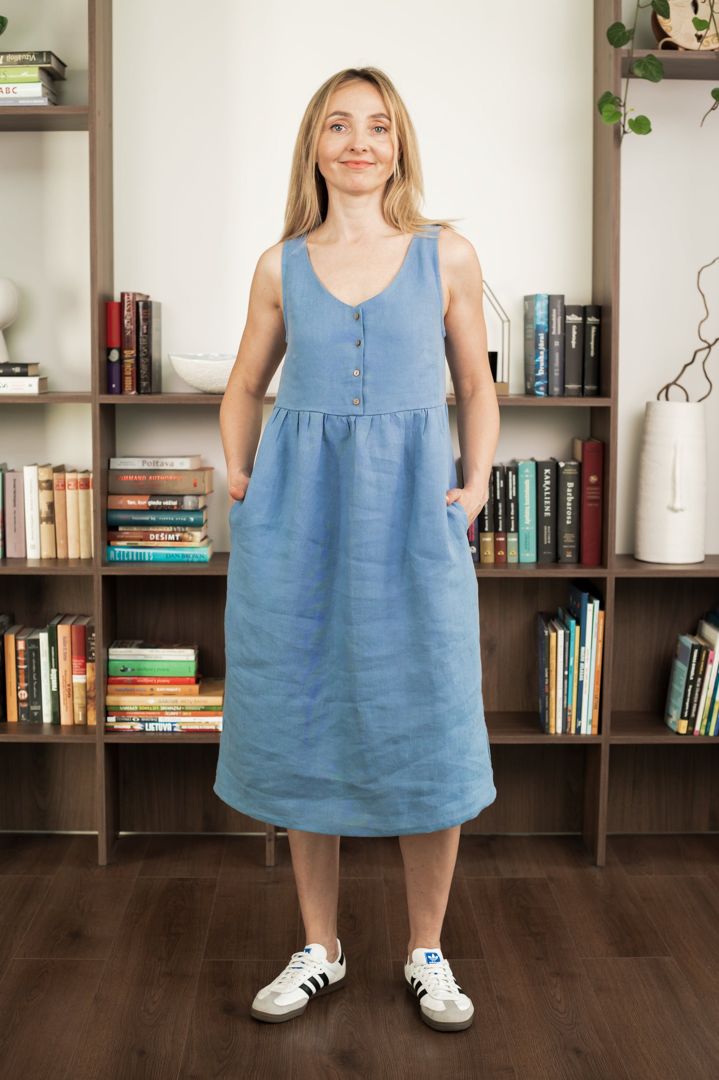 Linen Dress With Front Buttons - Blue - Made from 100% linen fabric!