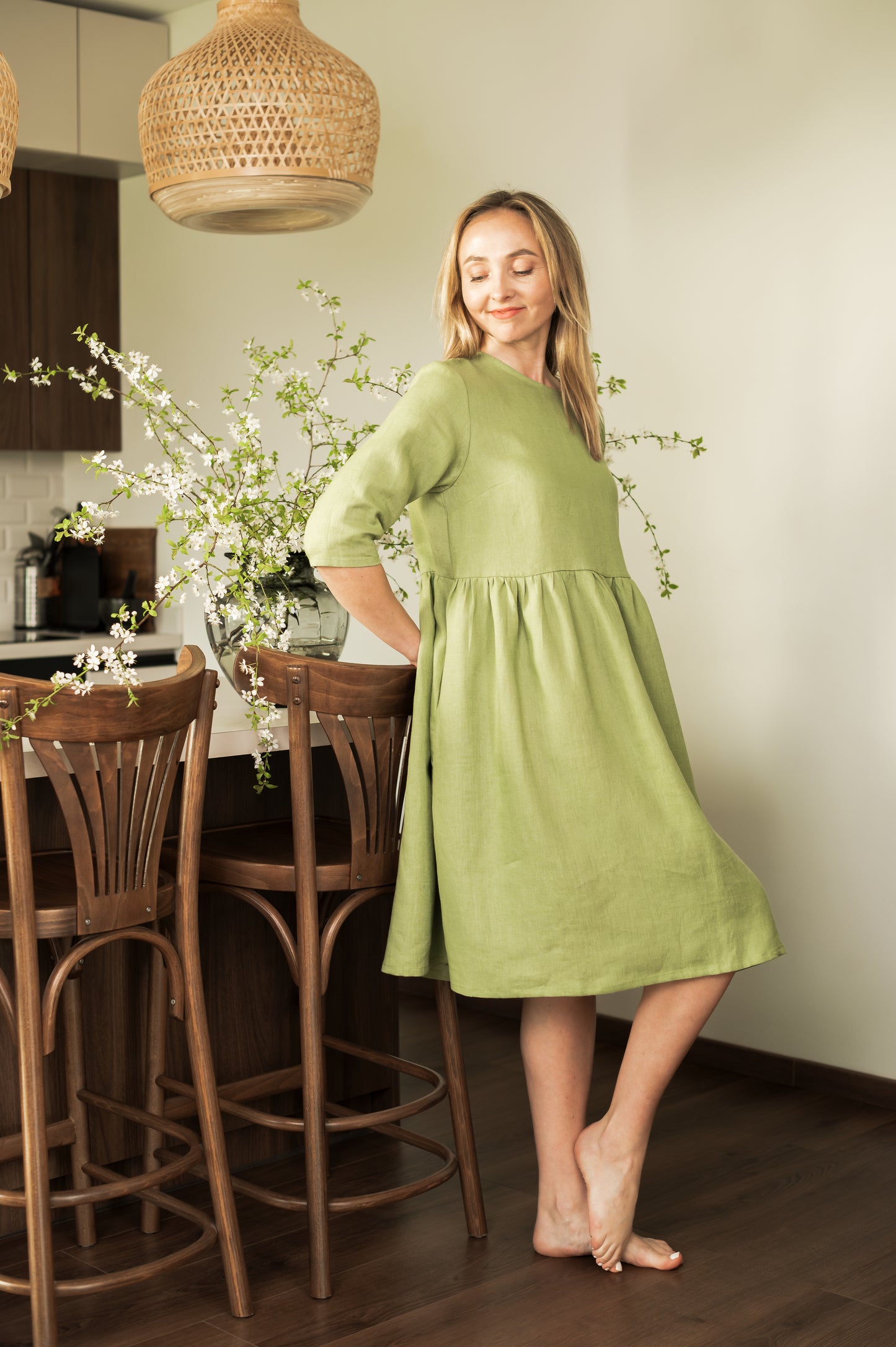 Loose Fit Linen Dress - Green - Made from 100% linen fabric!