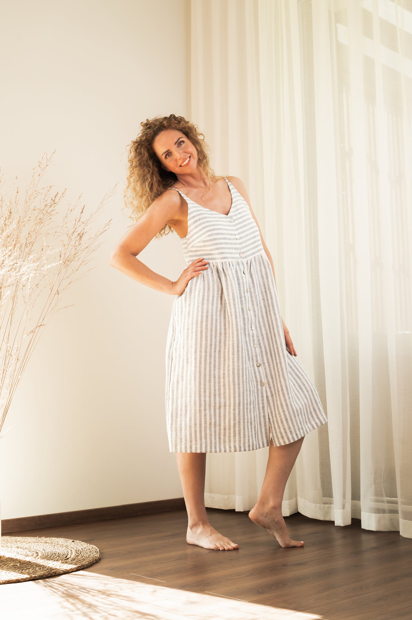 Linen Dress With Straps - Blue Stripes - Made from 100% linen fabric!