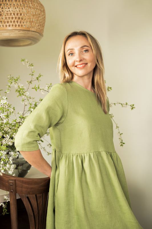 Loose Fit Linen Dress - Green - Made from 100% linen fabric!