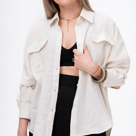 balti lininiai marškiniai moterims, su kišenėmis, didinti