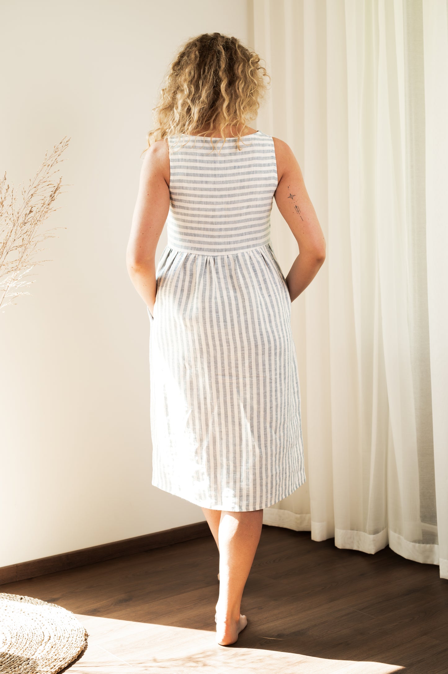 Linen Dress With Front Buttons - Blue Stripes - Made from 100% linen fabric!