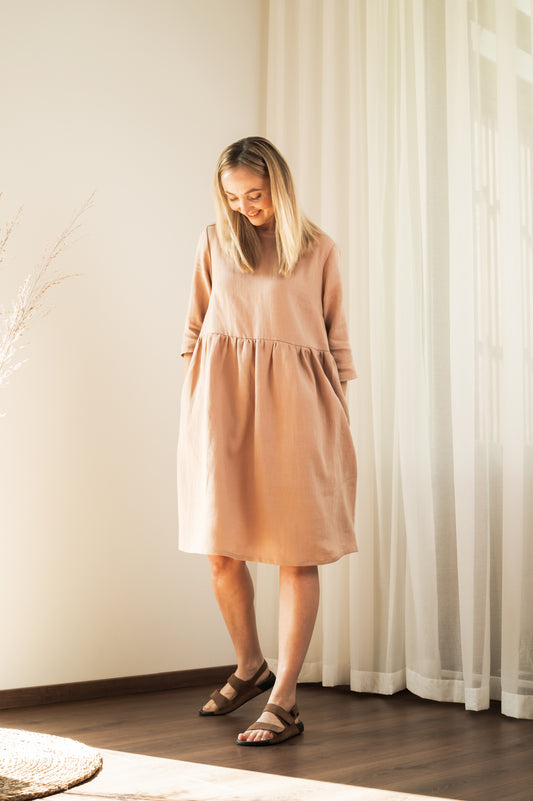 Loose Fit Linen Dress - Beige - Made from 100% linen fabric!