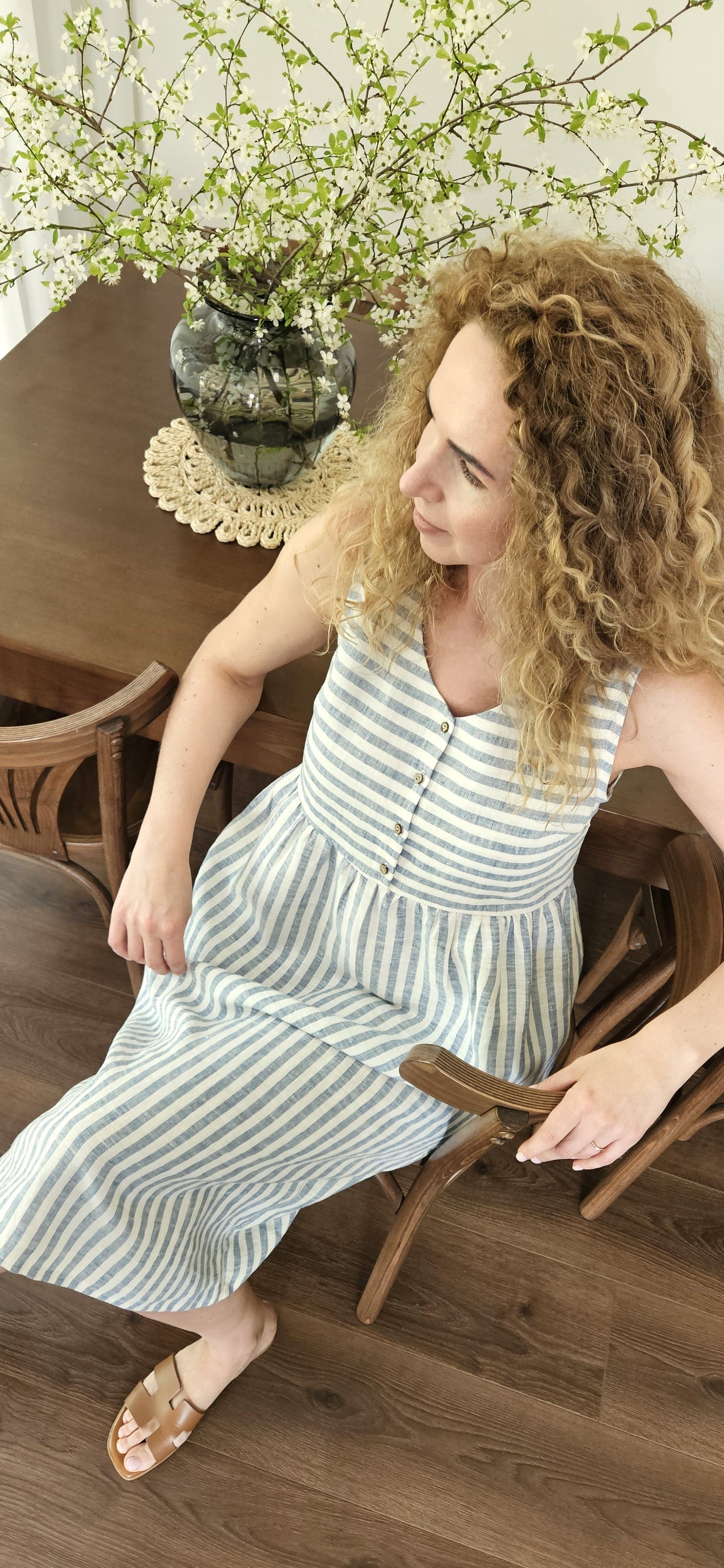 Linen Dress With Front Buttons - Blue Stripes - Made from 100% linen fabric!