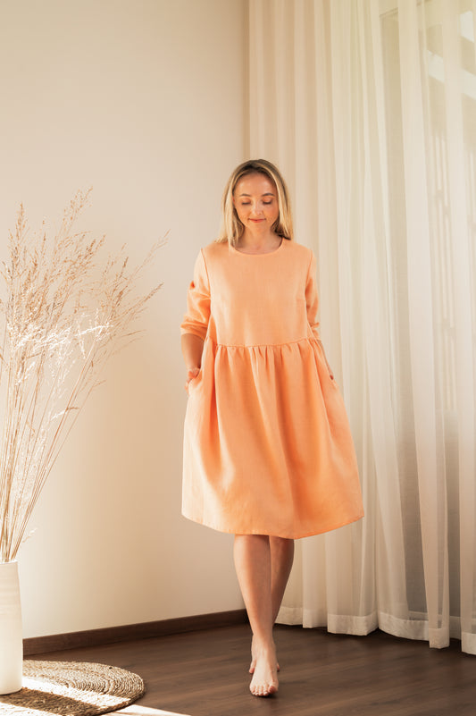 Loose Fit Linen Dress - Peach - Made from 100% linen fabric!