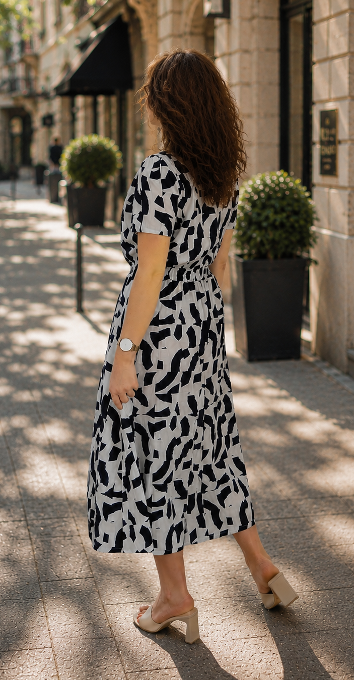 Printed Viscose & Linen Midi Dress - DEEP BLUE