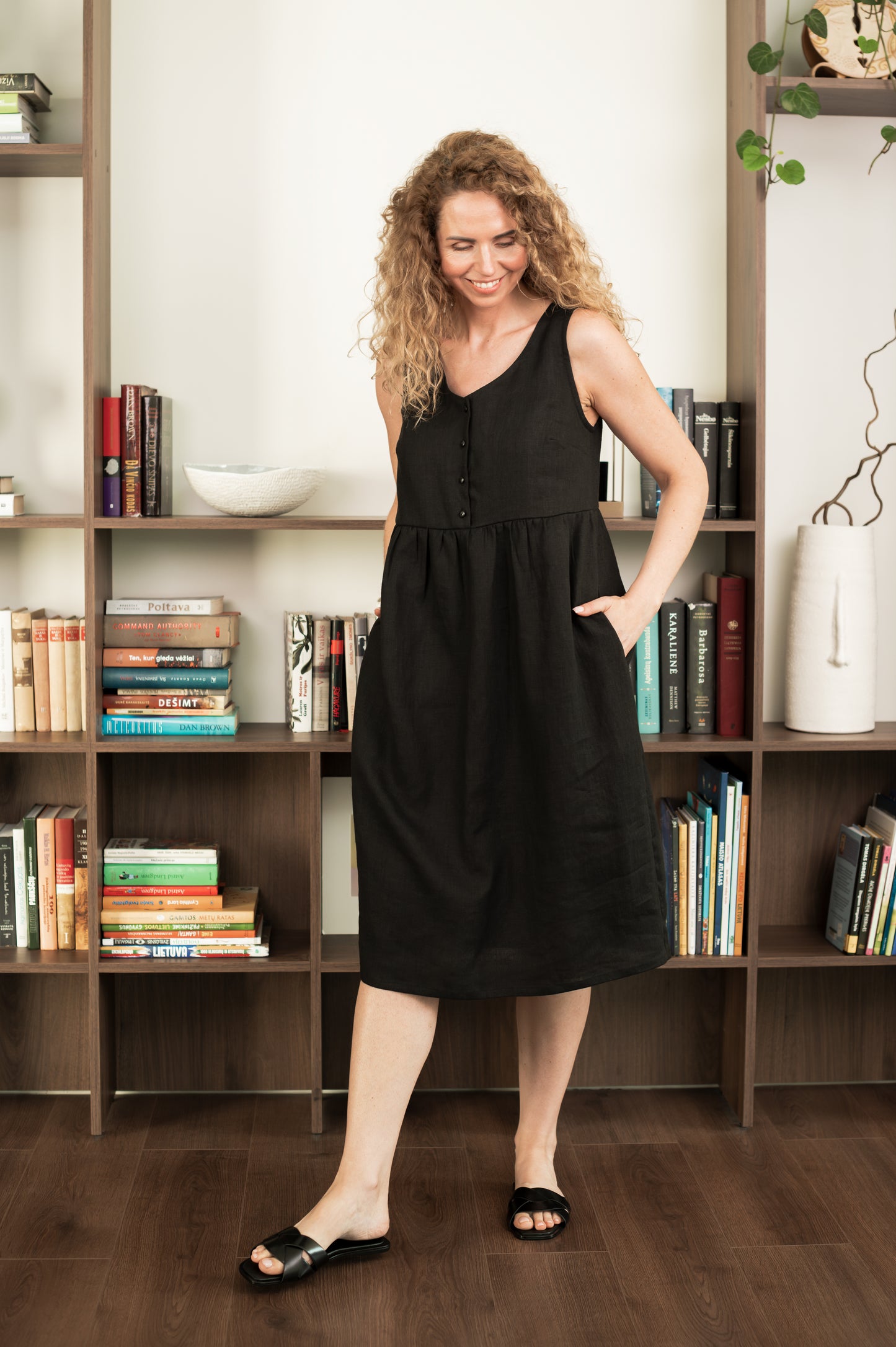 Linen Dress With Front Buttons - Black - Made from 100% linen fabric!