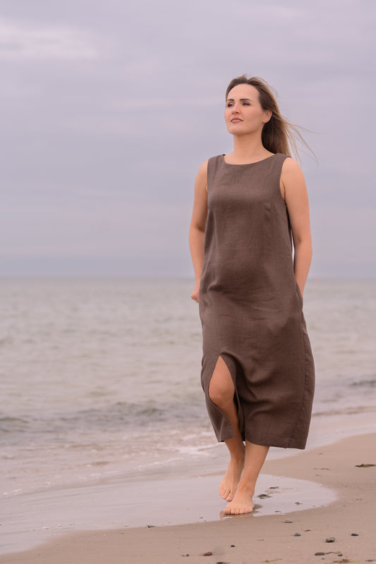 Linen dress SUNSET - dark brown